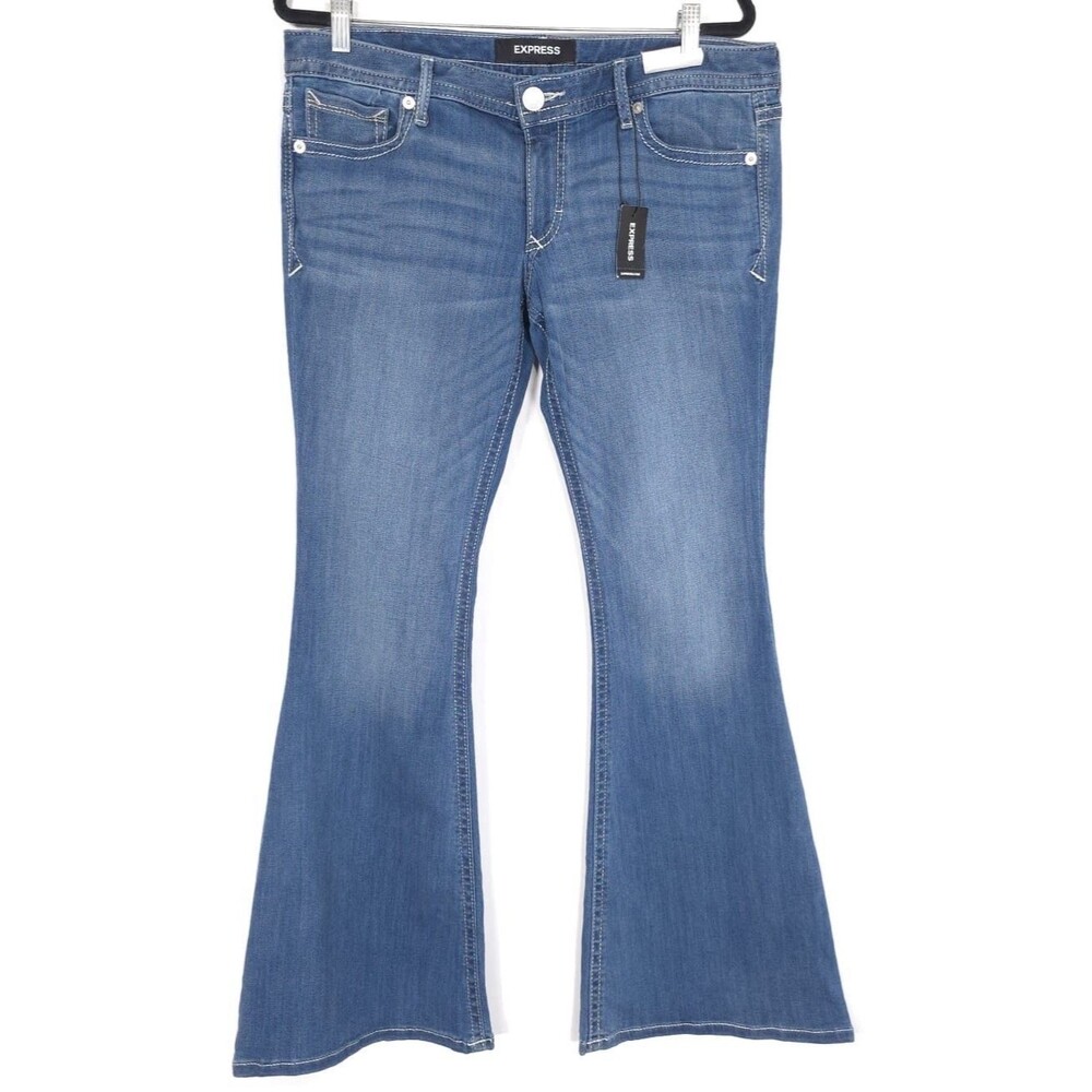 EXPRESS New Bell Flare Low Rise‎ Jeans Stretch Blue Women Size 12 R Bootcut - Picture 3 of 15